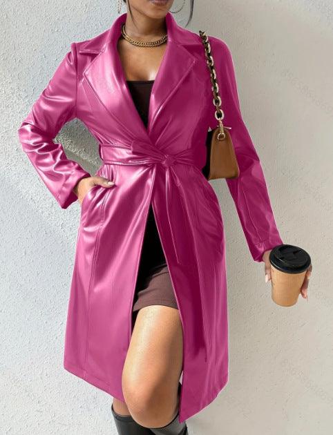 Trench-Coat Long Coupe Slim à Manches Longues en PU pour Femme