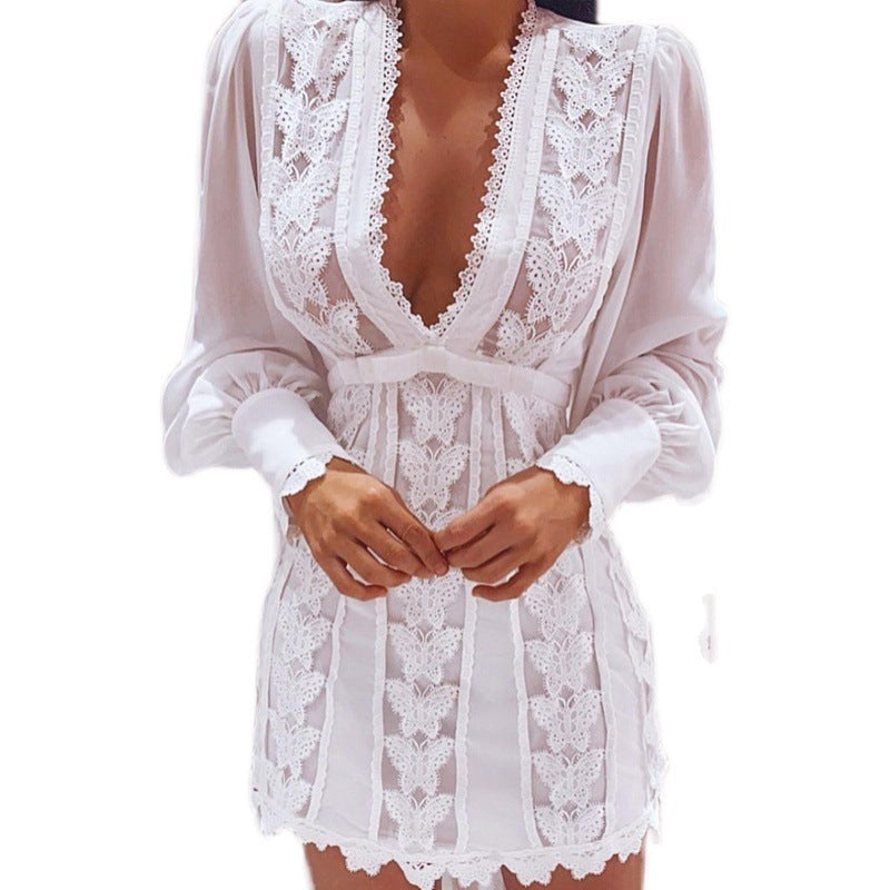 Blanc V Cou Dentelle Robe Femmes