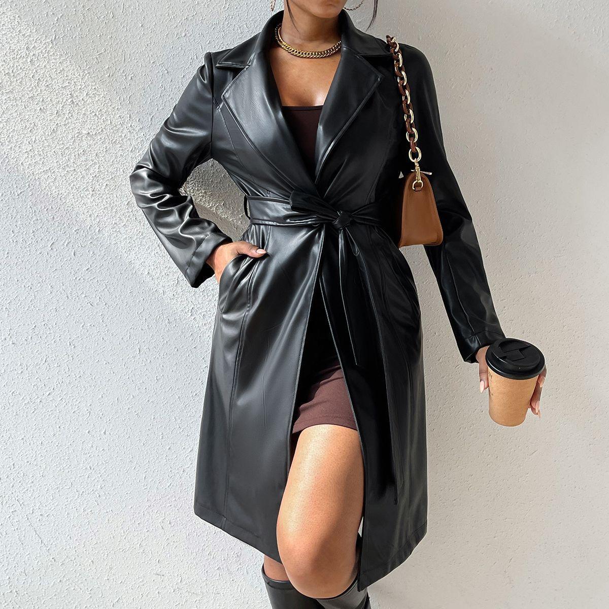 Trench-Coat Long Coupe Slim à Manches Longues en PU pour Femme