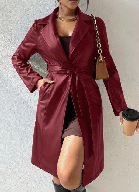 Trench-Coat Long Coupe Slim à Manches Longues en PU pour Femme